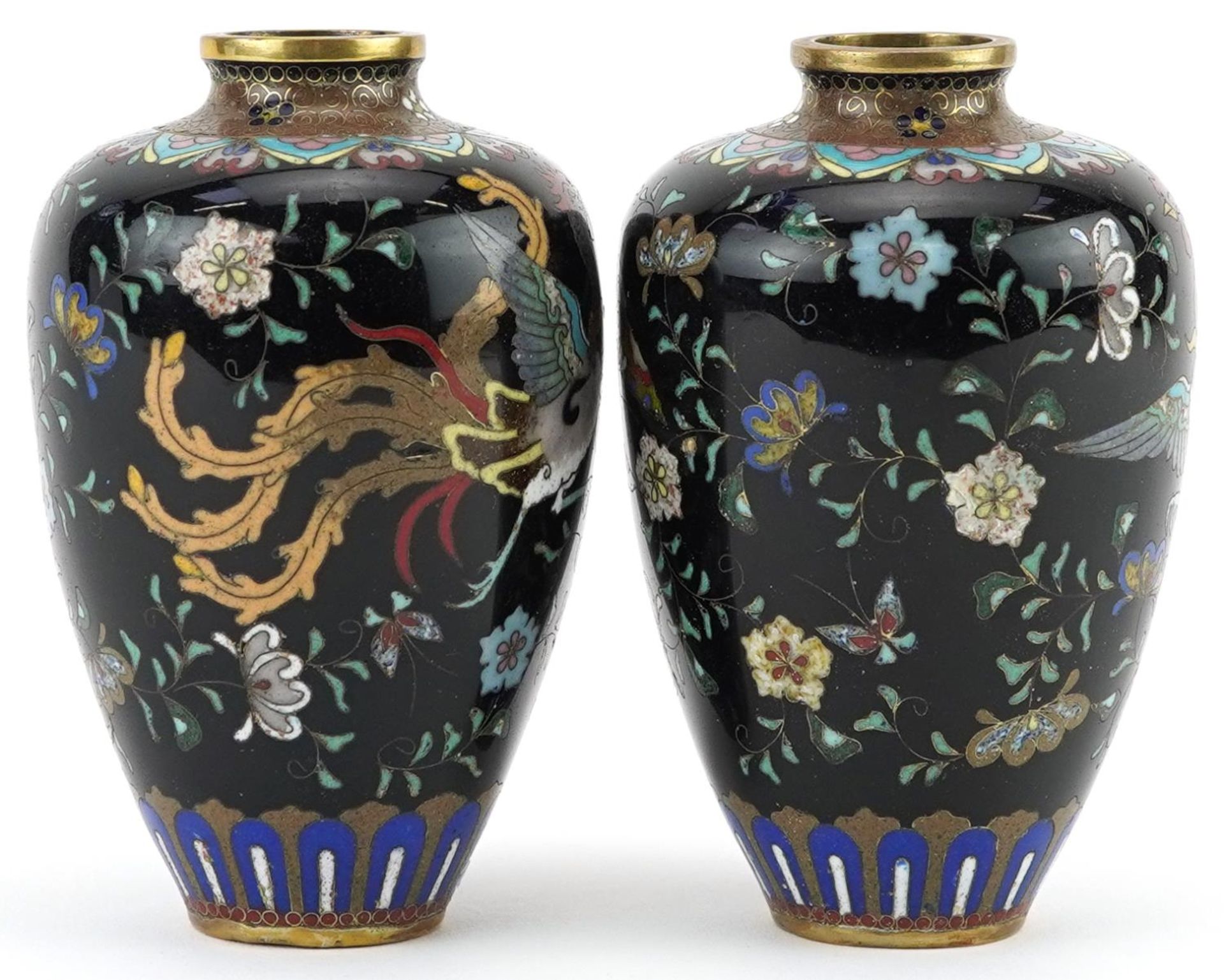 Pair of Japanese cloisonne vases, each enamelled with a mythical bird amongst flowers, each 9cm high - Image 4 of 6