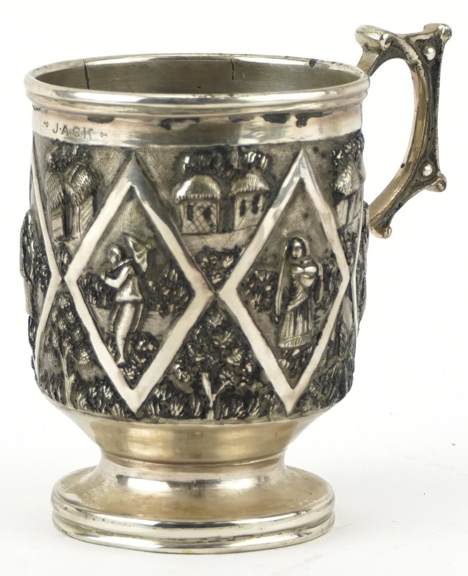 Grish Chunder of Calcutta, Indian unmarked silver christening tankard embossed with villagers and