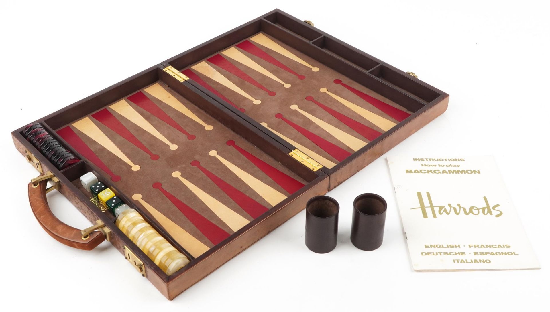Vintage Harrods travelling Backgammon set with counters in the form of a briefcase