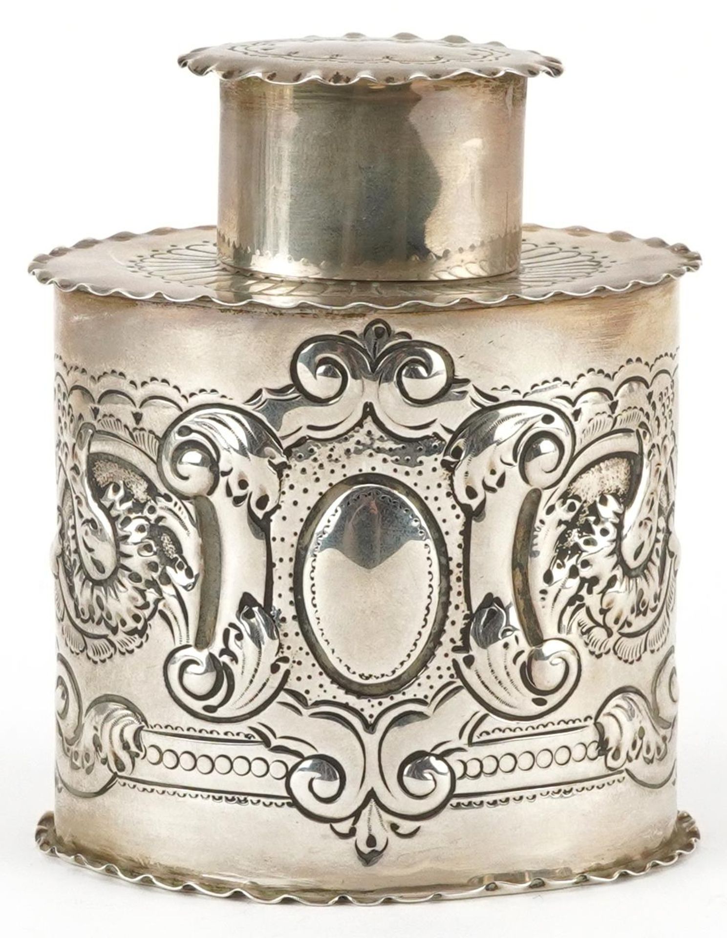 Josiah Williams & Co, Edwardian silver tea caddy embossed with flowers and scrolls, London 1905, 9. - Bild 2 aus 5