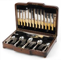 Art Deco six place canteen of Bravingtons silver plated cutlery, some with ivorine handles, housed