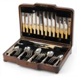 Art Deco six place canteen of Bravingtons silver plated cutlery, some with ivorine handles, housed