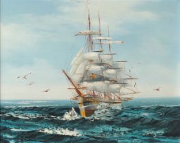 Rigged ship on choppy seas, naval interest oil on canvas, mounted and framed, 24cm x 19cm