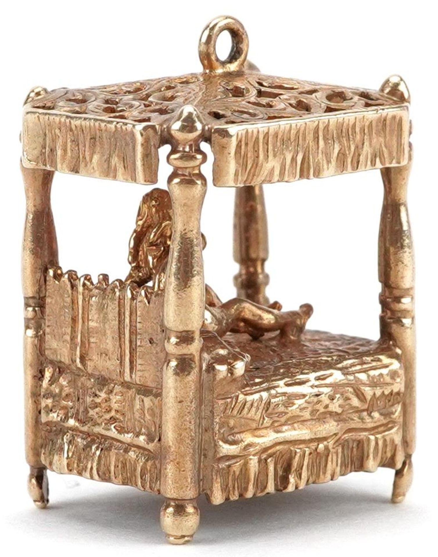 Large 9ct gold charm in the form of a nude female on a four poster bed, 2.4cm high, 12.2g - Image 2 of 3