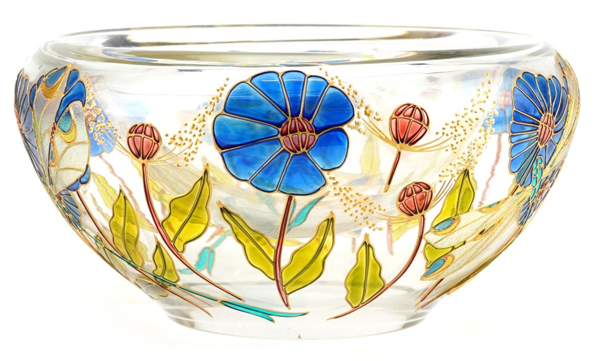 Double walled art glass bowl hand painted with dragonflies amongst flowers, 25.5cm in diameter - Bild 2 aus 5