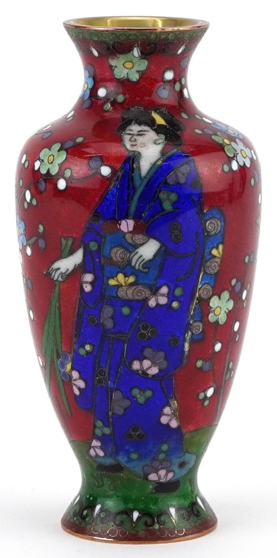 Japanese cloisonne vase enamelled with a Geisha in a landscape with flowers, 13.5cm high