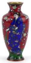 Japanese cloisonne vase enamelled with a Geisha in a landscape with flowers, 13.5cm high