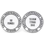 Pair of painted cast iron Trotters Independent Traders advertising plaques, 24cm in diameter