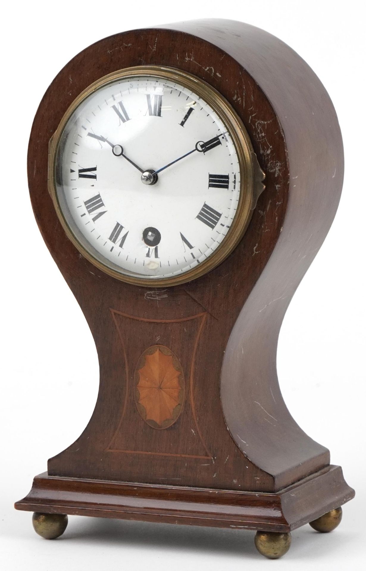 Edwardian inlaid mahogany balloon shaped mantle clock with enamelled dial having Roman numerals,