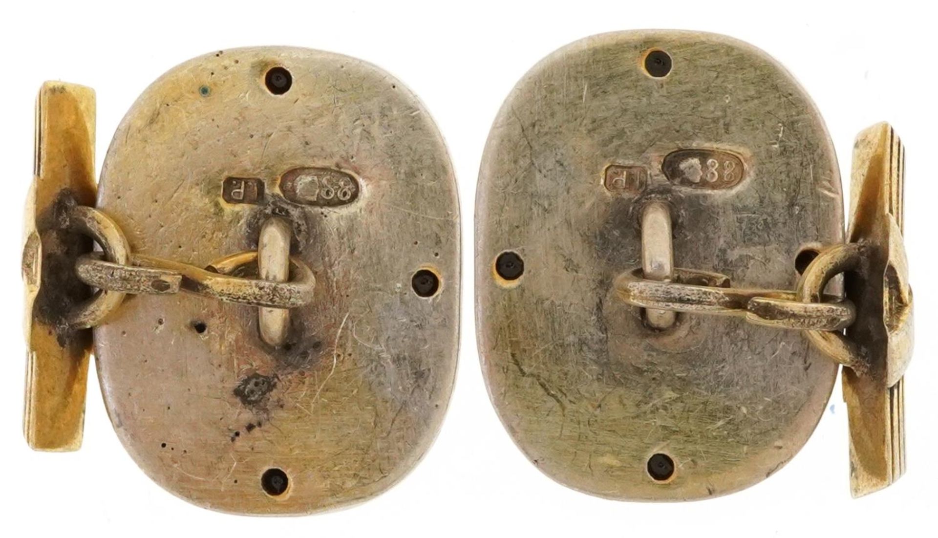 Pair of silver gilt and blue enamel portrait cufflinks set with red stones, impressed Russian marks, - Image 2 of 3