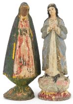 Two antique Spanish Colonial school painted carved wood figures including one of Virgin Mary, the