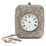 Gentlemen's 800 grade silver open face key wind pocket watch housed in a silver mounted and