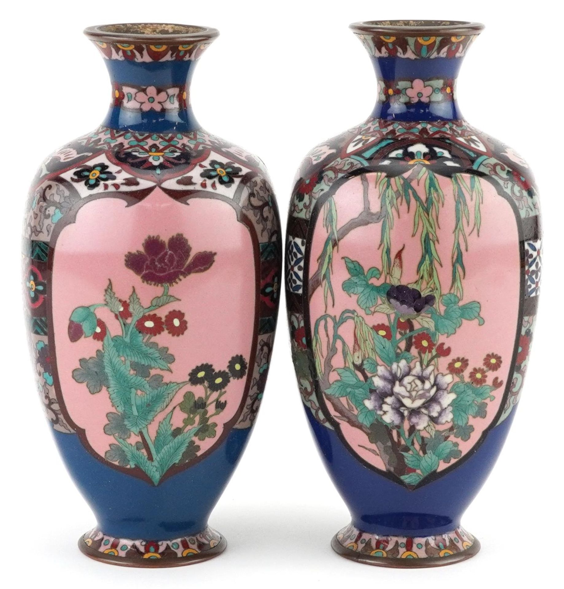 Pair of Japanese cloisonne vases with hexagonal bodies enamelled with panels of flowers, each 18cm - Image 3 of 6