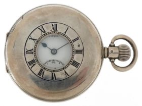 J W Benson, George V gentlemen's silver open face keyless half hunter pocket watch having