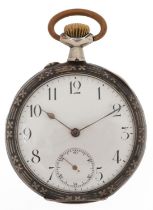 French silver niello work gentlemen's silver keyless open face pocket watch having enamelled and