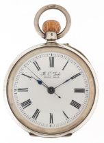 H E Peck, Gentlemen's silver open face keyless pocket watch having enamelled dial with Roman