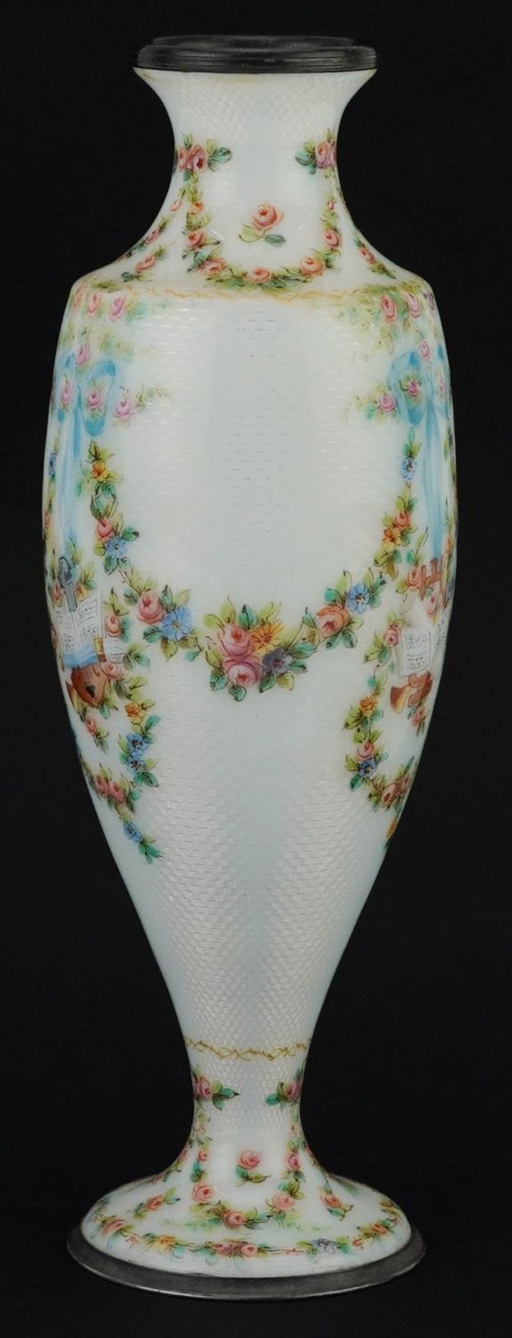 19th century French silver and white guilloche enamel vase finely hand painted with swags, ribbons - Image 3 of 10