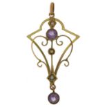 Edwardian 9ct gold amethyst and seed pearl openwork pendant, 3.4cm high, 1.2g