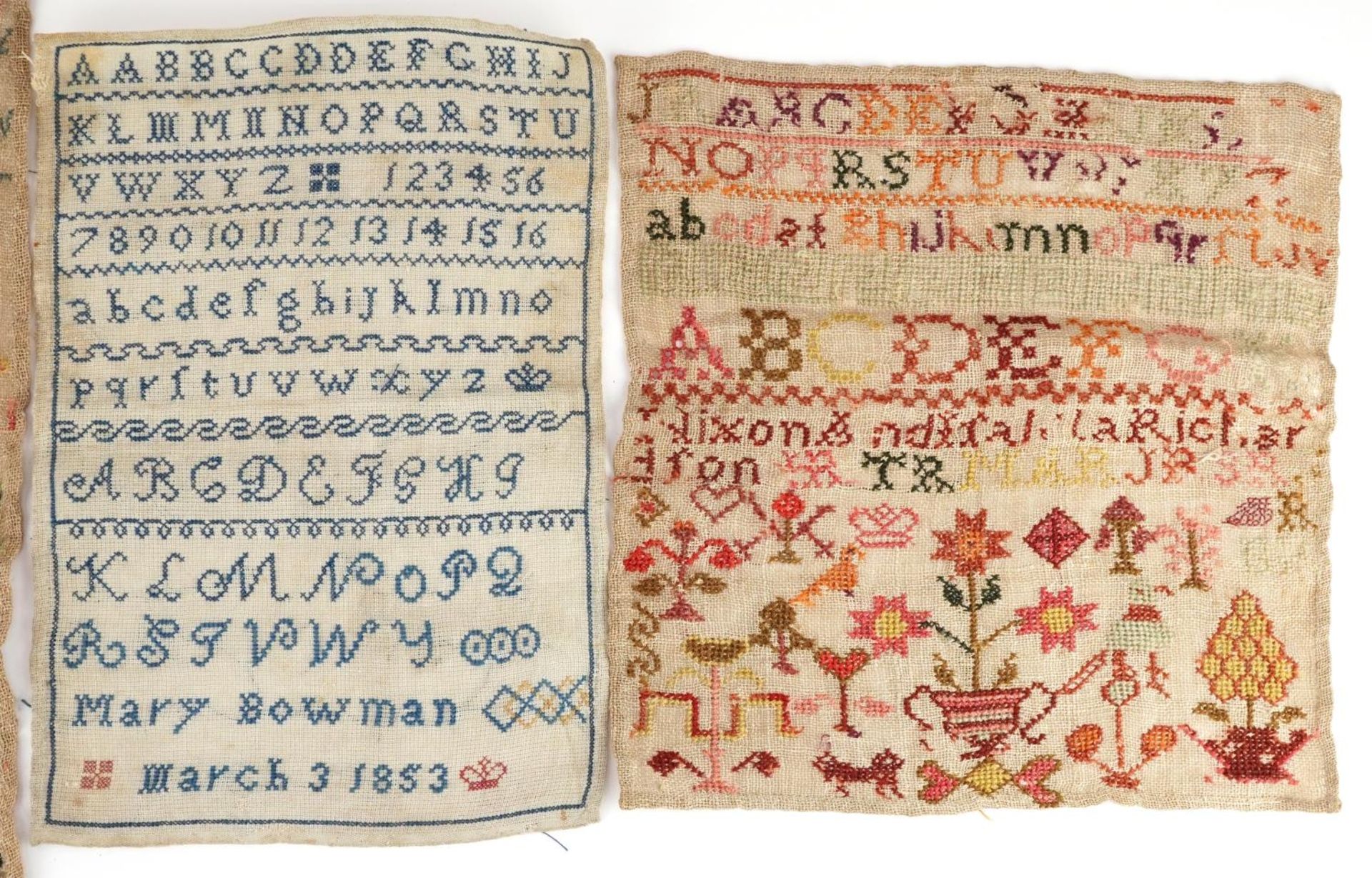 Four Victorian and later needlework samplers including an example worked by Mary Bowman, the largest - Image 3 of 4
