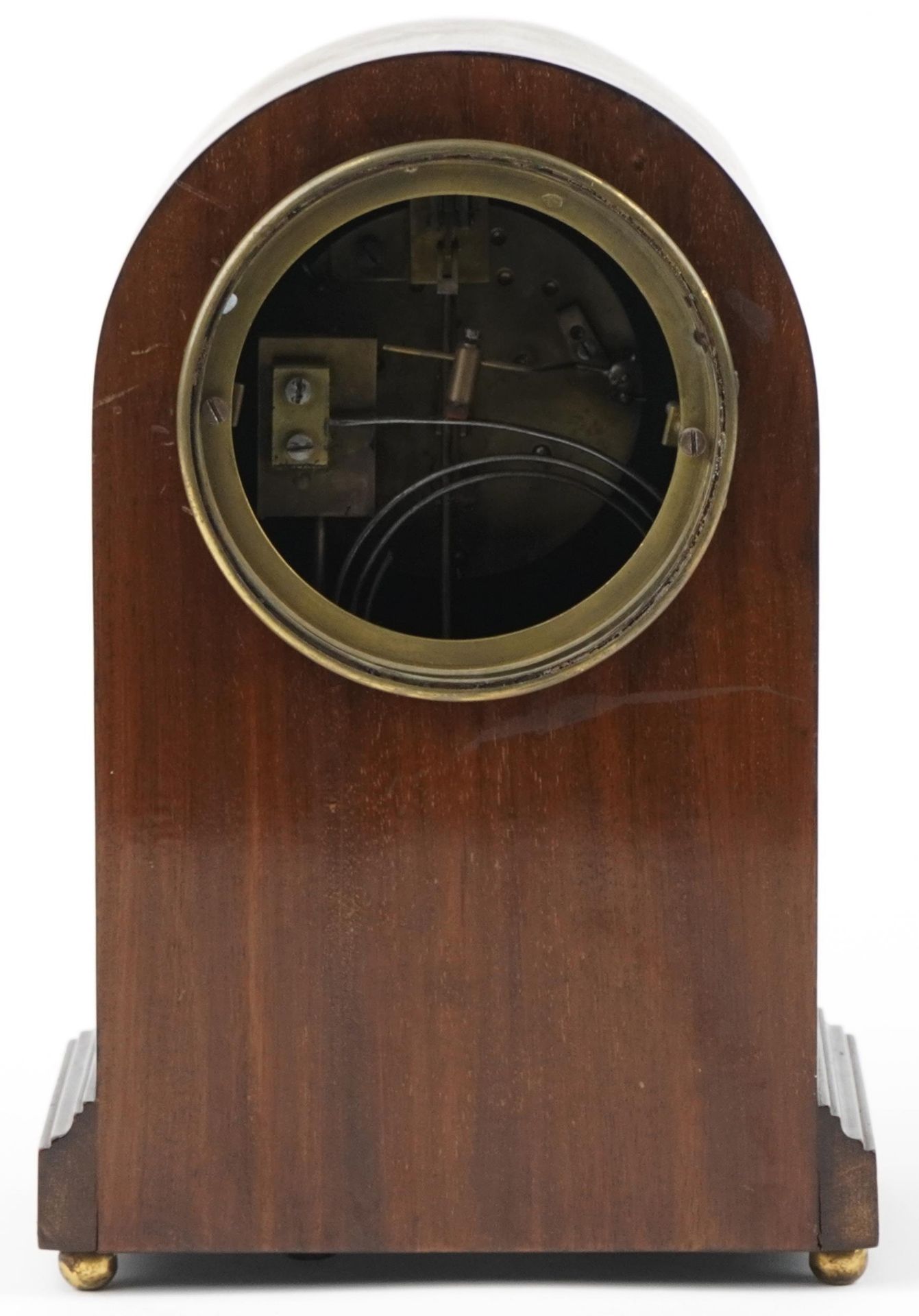 Edwardian inlaid mahogany dome top mantle clock with painted chapter ring having Roman numerals, - Image 3 of 6