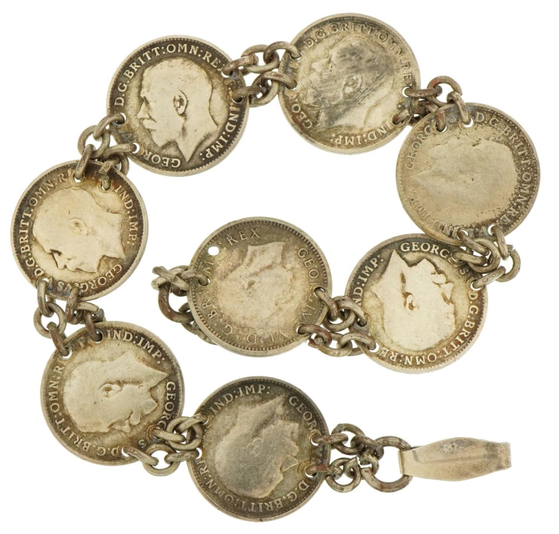 George V threepence coin bracelet with various dates including 1915, 1916 and 1937, 14.6g - Bild 3 aus 3