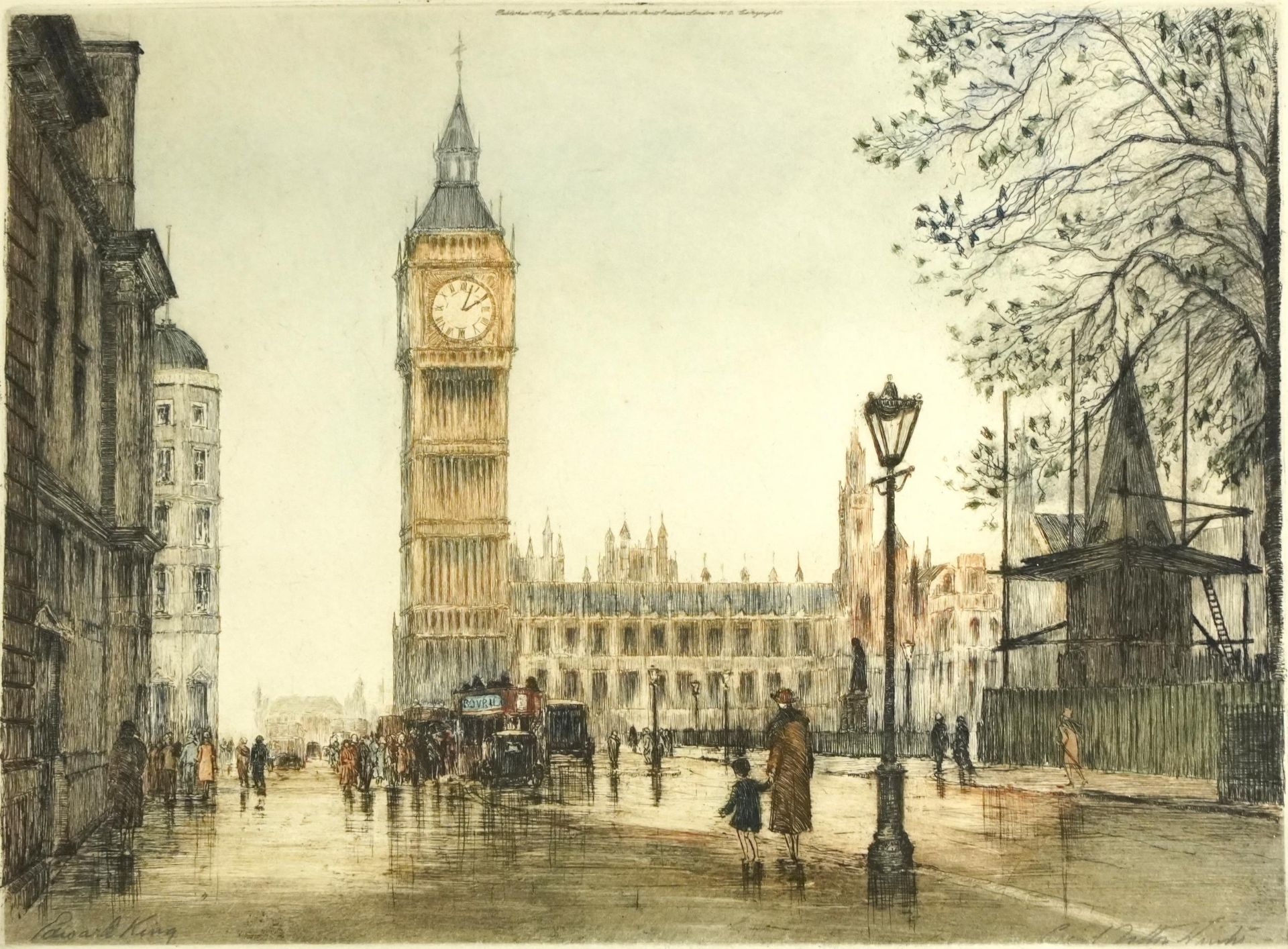 Edward King - London street scenes, set of four pencil signed coloured etchings, mounted, framed and - Bild 2 aus 20