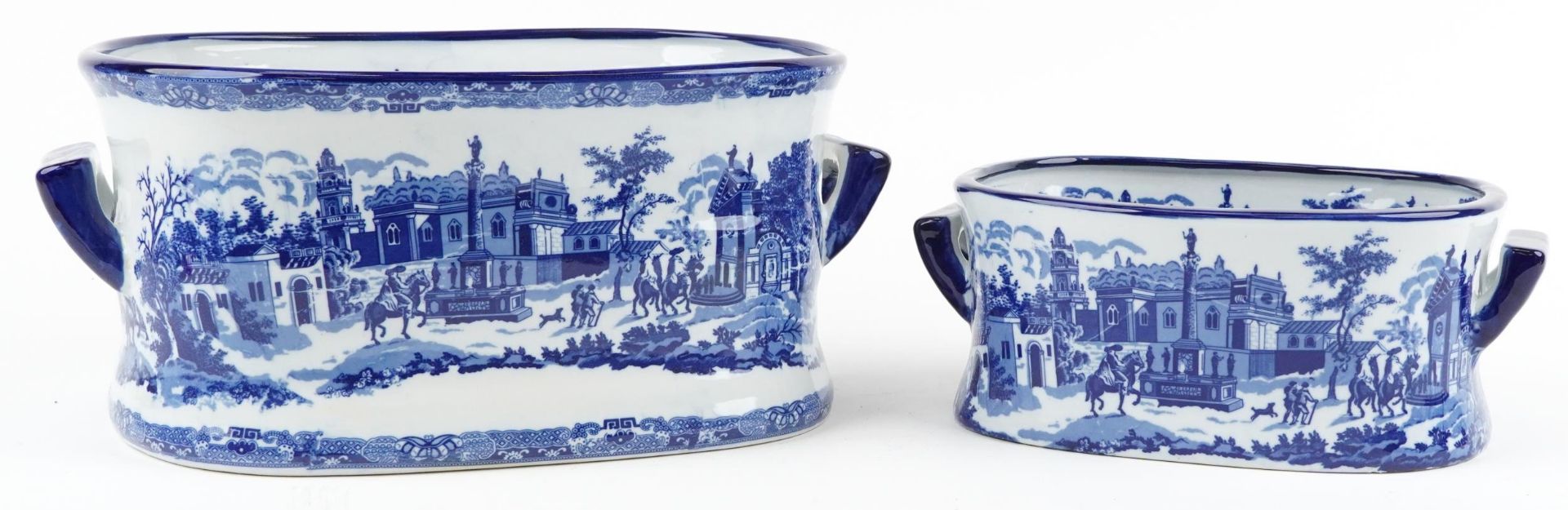 Two blue and white porcelain planters with twin handles, each decorated with cavaliers on horseback, - Image 3 of 4