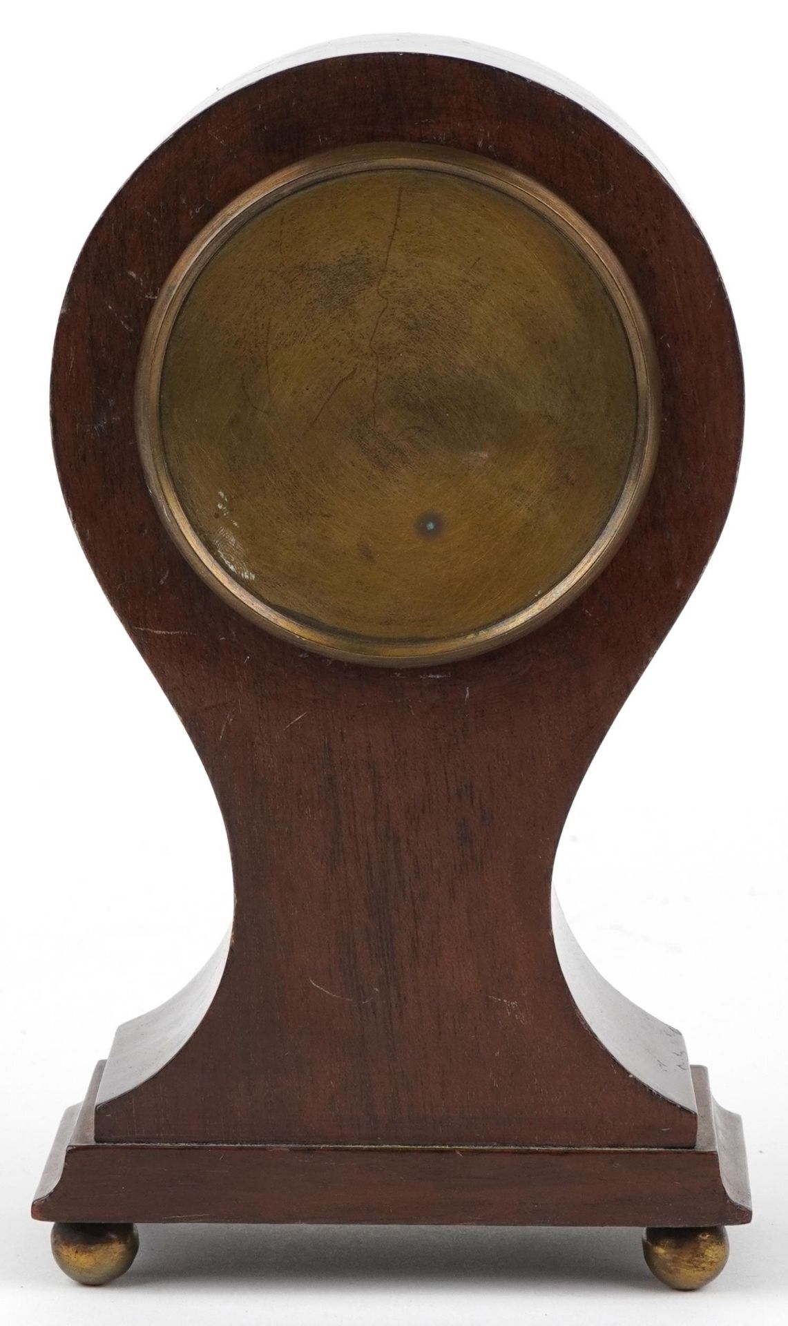 Edwardian inlaid mahogany balloon shaped mantle clock with enamelled dial having Roman numerals, - Image 3 of 4