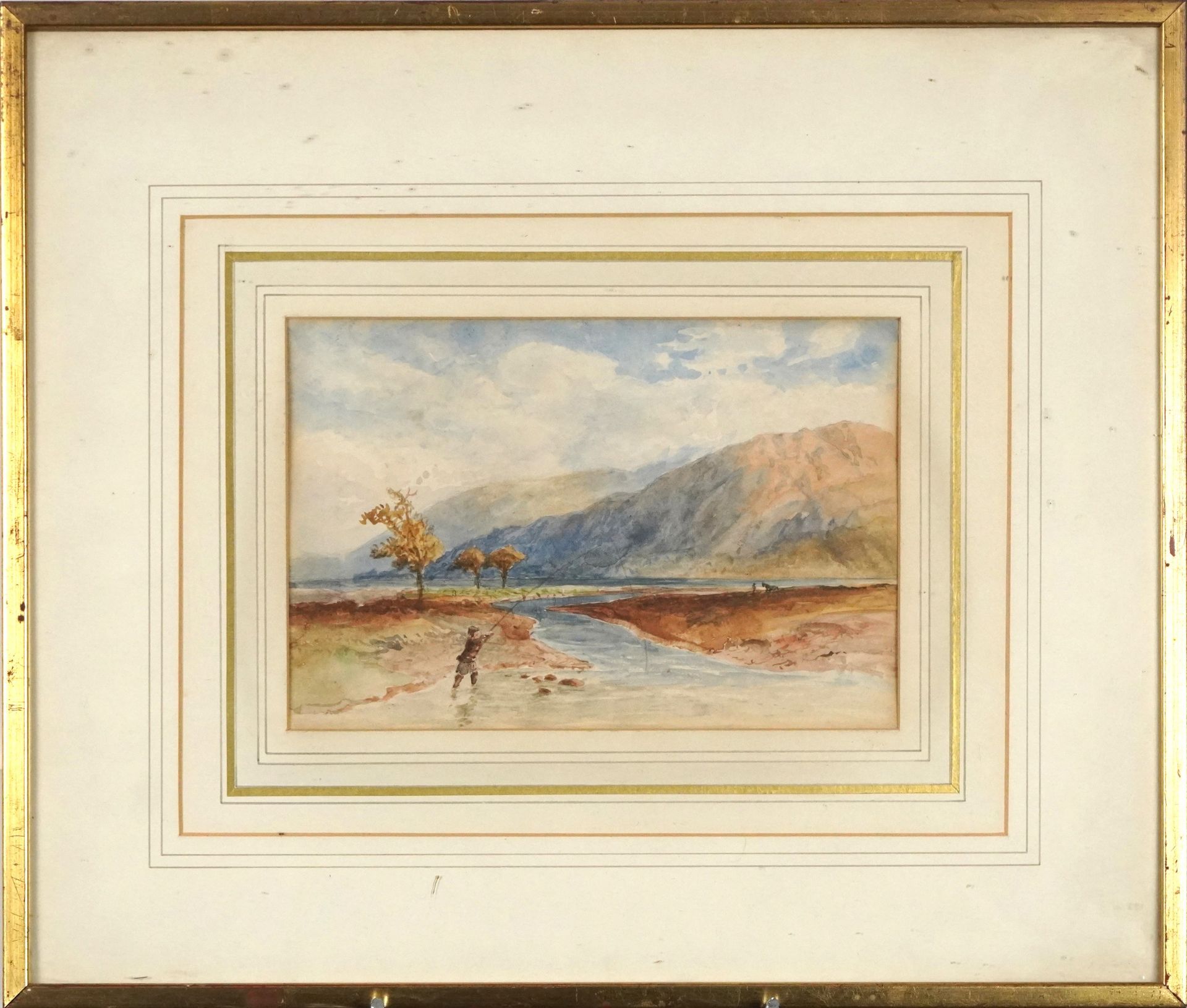 Three 19th century watercolours including an example of a gentleman fishing in a river, each - Image 3 of 11