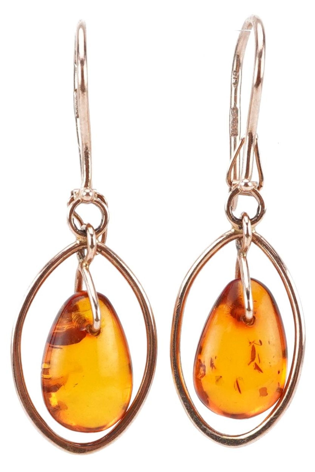 Pair of Russian 14ct gold natural amber drop earrings, 3.8cm high, 2.7g