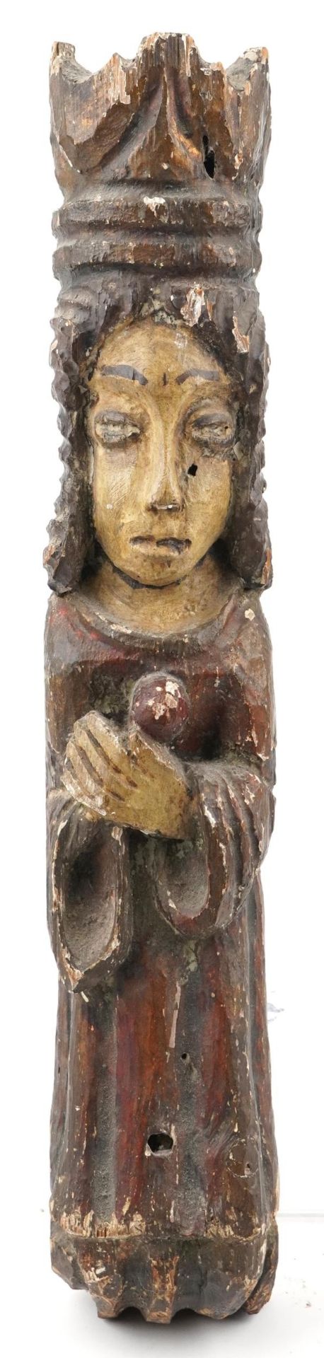 Antique painted wood corble carved with caryatid, 60cm high