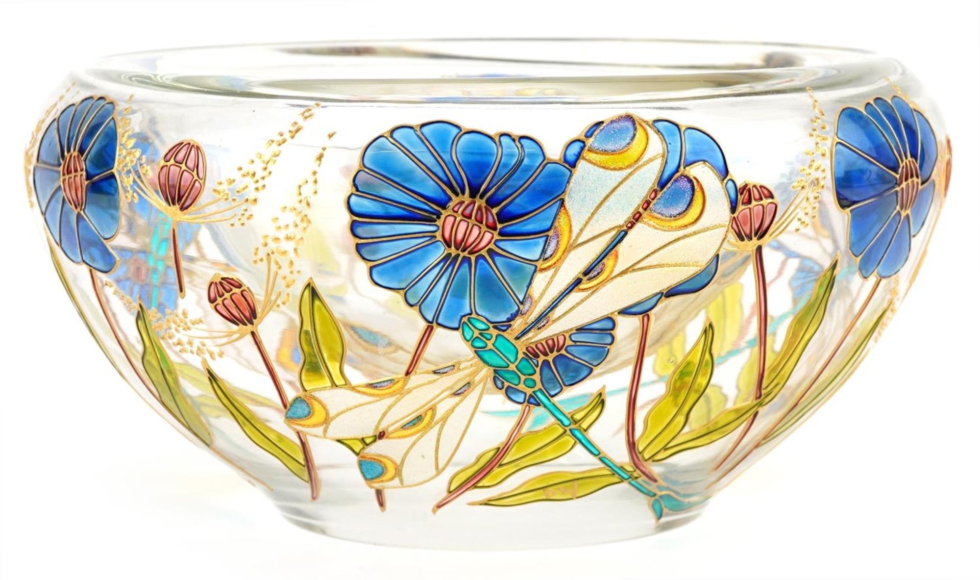 Double walled art glass bowl hand painted with dragonflies amongst flowers, 25.5cm in diameter