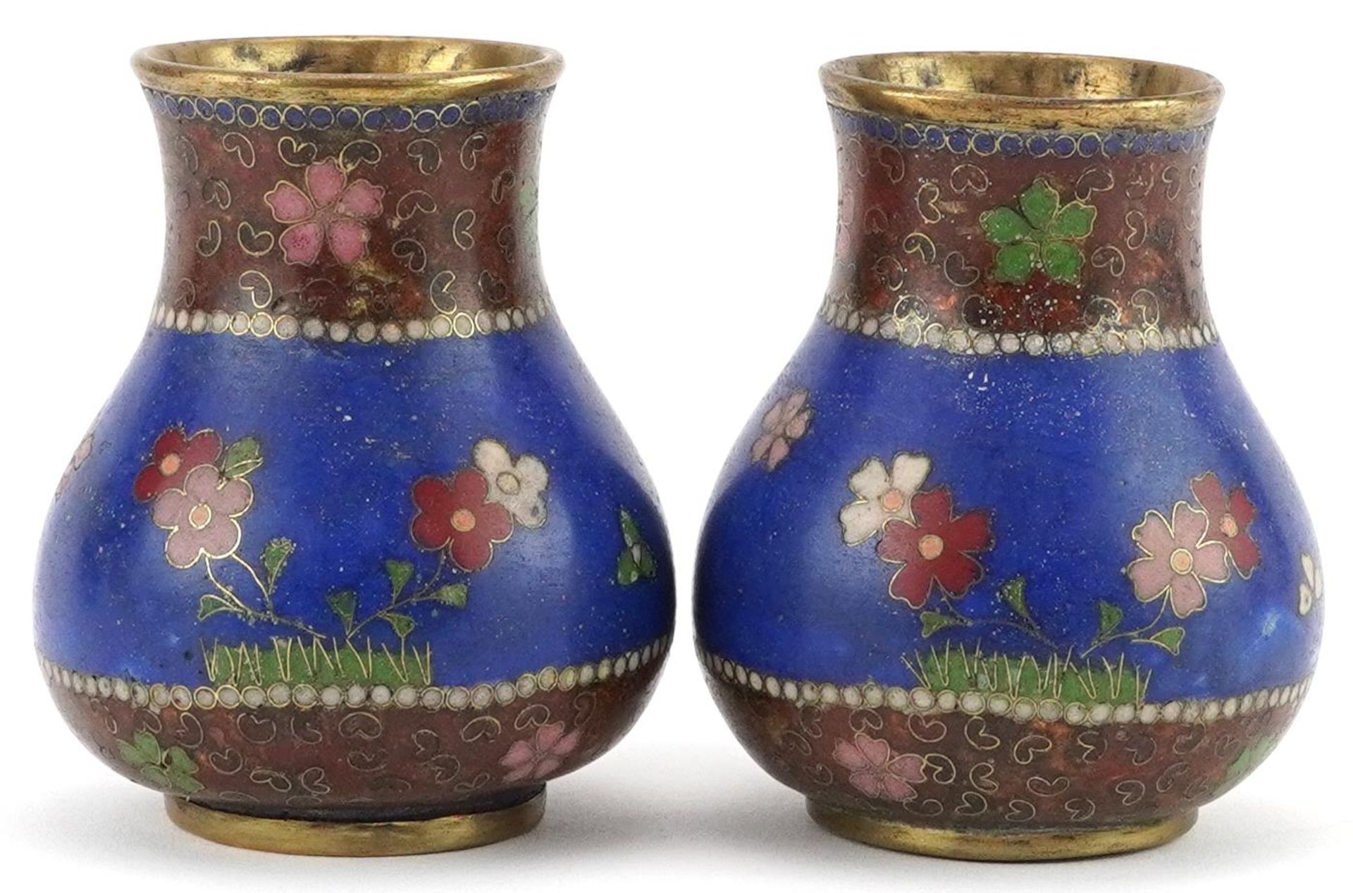 Pair of Japanese cloisonne vases enamelled with flowers, each 7.5cm high - Image 3 of 6