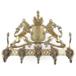 19th century brass coat of arms five section coat rack, 44cm wide
