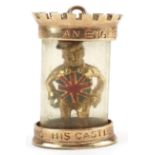 9ct gold and enamel charm in the form of man in a castle, engraved An Englishman's Home is his