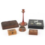 19th century and later woodenware including a Victorian Tunbridge Ware tumbling block design box and