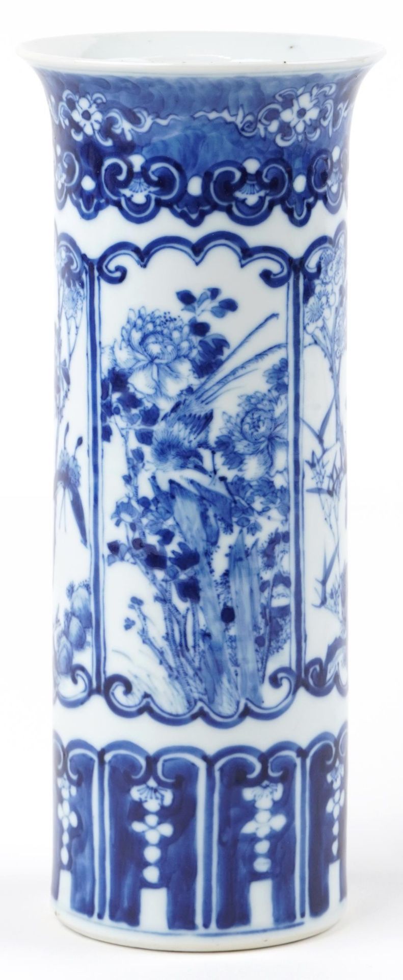 Chinese blue and white porcelain cylindrical vase hand painted with panels of birds and - Image 3 of 6