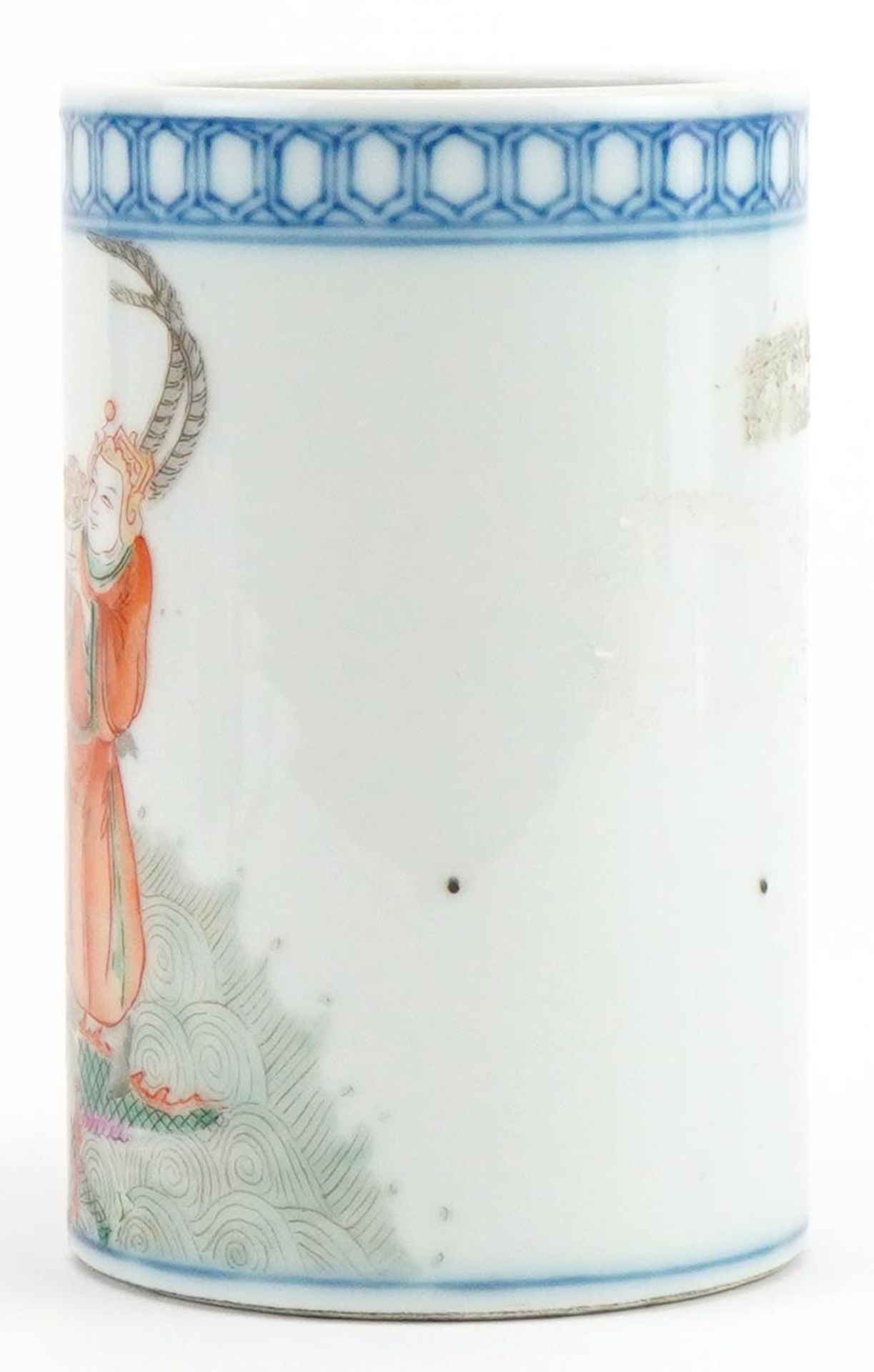 Chinese porcelain cylindrical brush pot hand painted in the famille rose palette with an emperor - Image 2 of 6