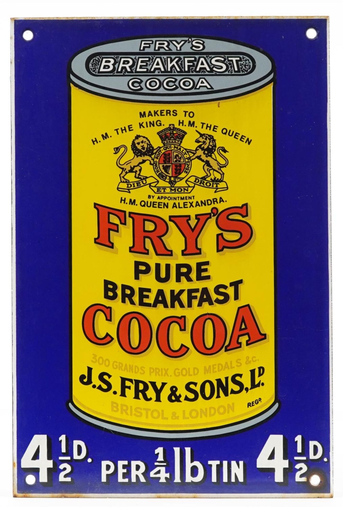 Fry's Pure Breakfast Cocoa enamel advertising sign, 27cm x 18cm