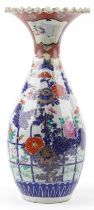 Japanese Arita porcelain vase with frilled rim hand painted with flowers, 55cm high