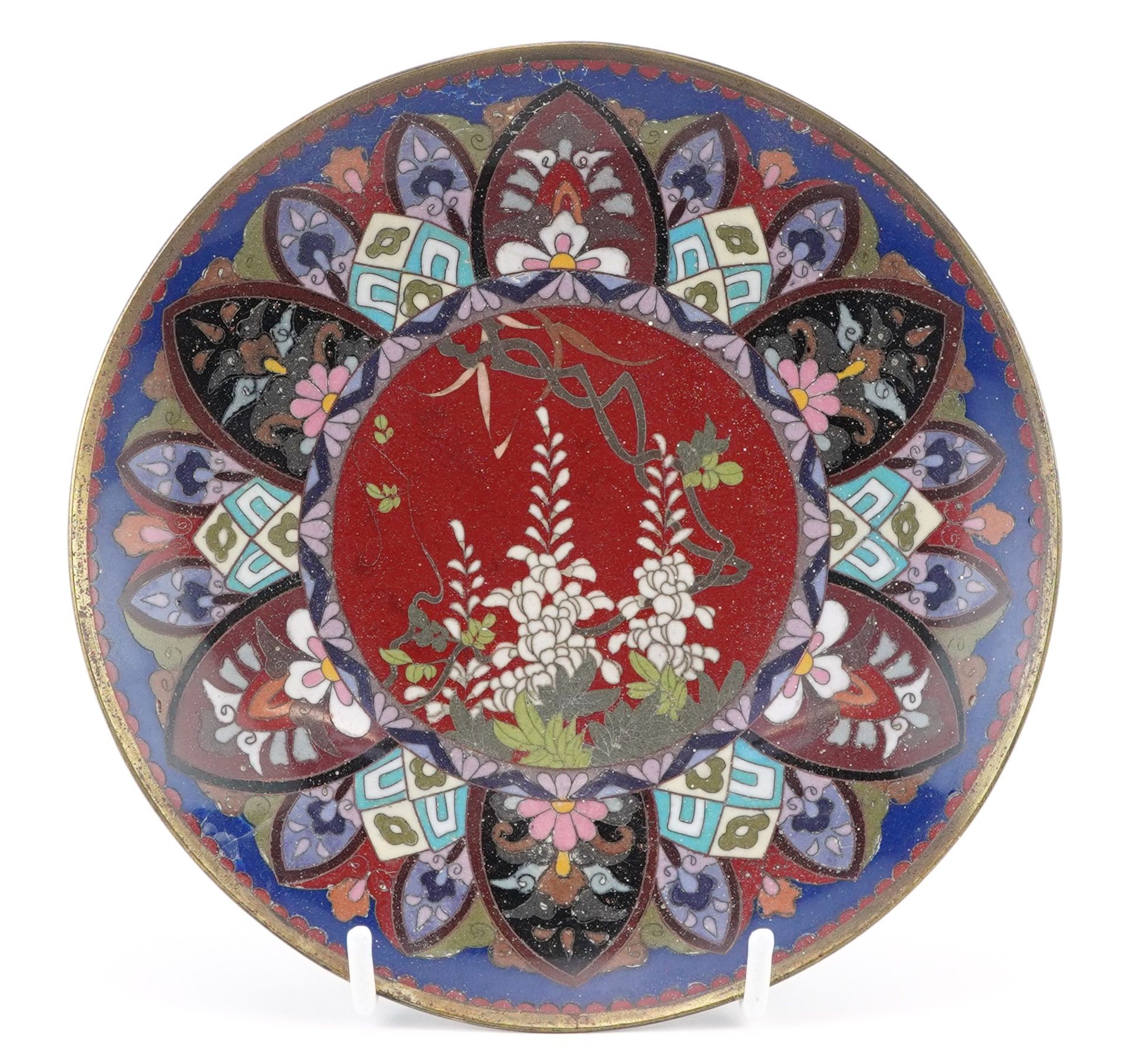 Japanese cloisonne plate enamelled with flowers, 18.5cm in diameter