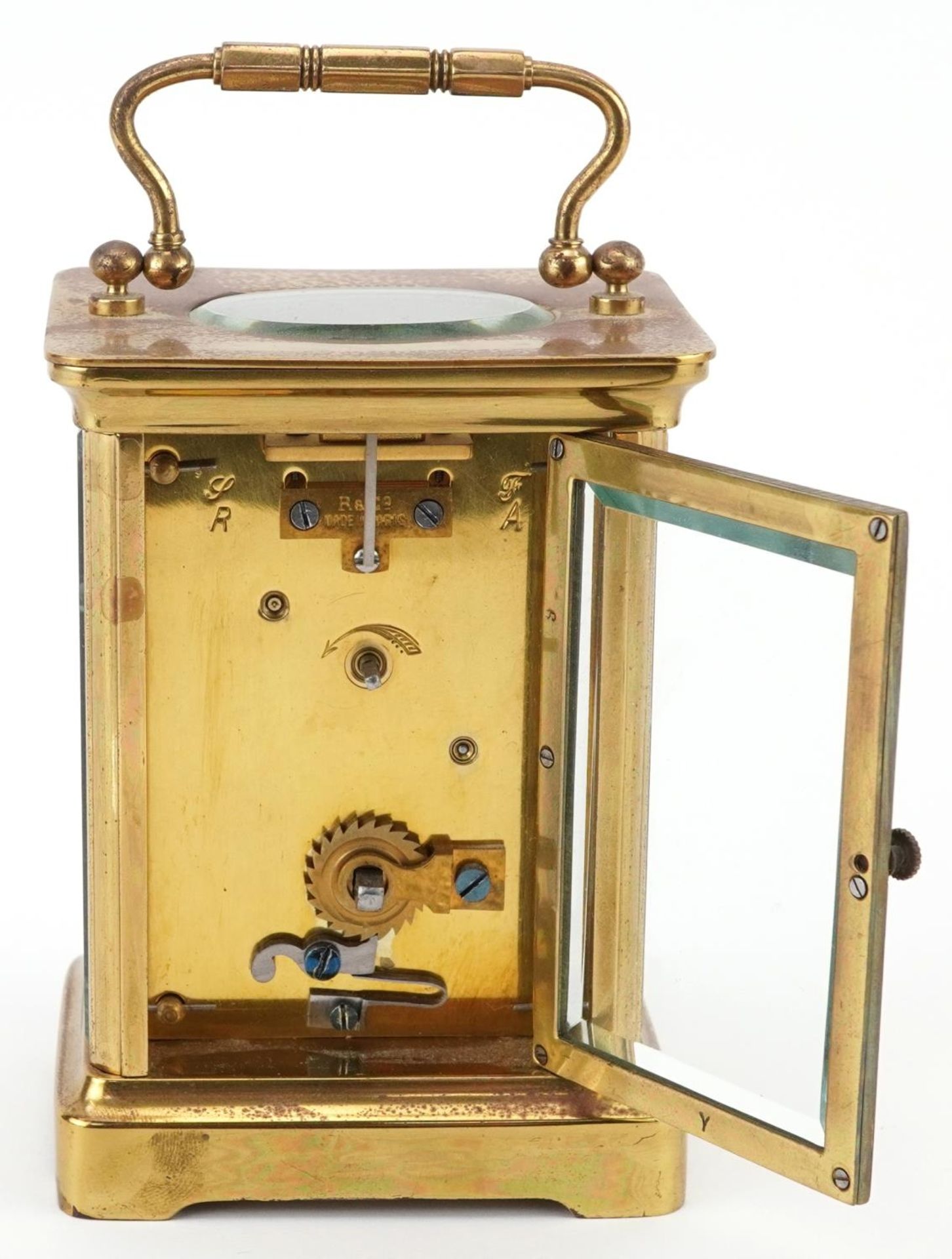 French brass cased carriage clock with enamelled dial having Roman numerals and an Edinburgh Crystal - Image 3 of 5