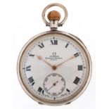 Omega, gentlemen's silver keyless open face pocket watch having enamelled and subsidiary dials