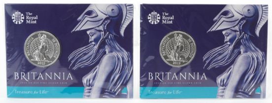 Two Elizabeth II 2015 Britannia fifty pound fine silver coins by The Royal Mint