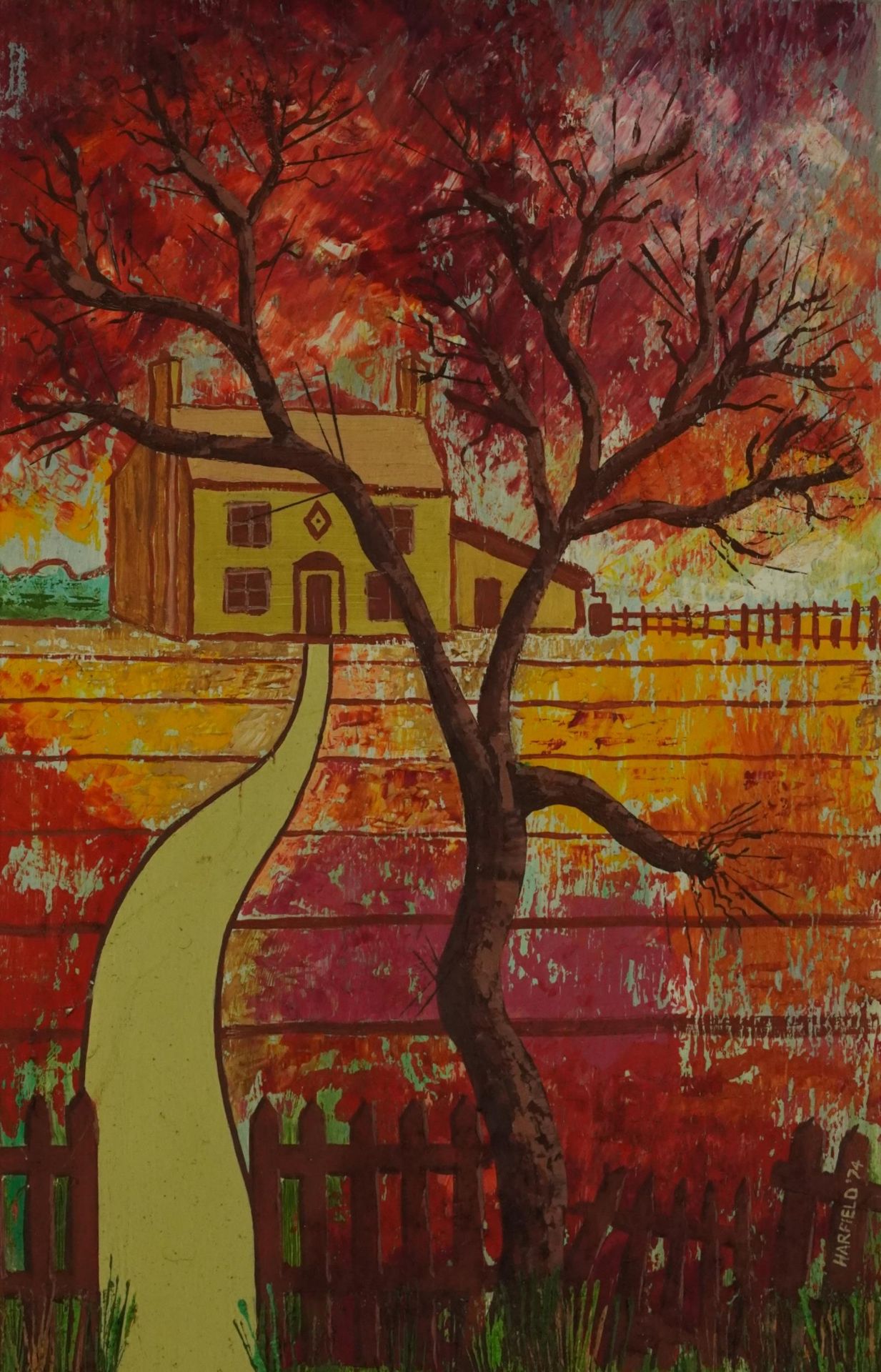 Harfield 1974 - Path beside tree with farmhouse, oil on board, mounted and framed, 57.5cm x 37cm