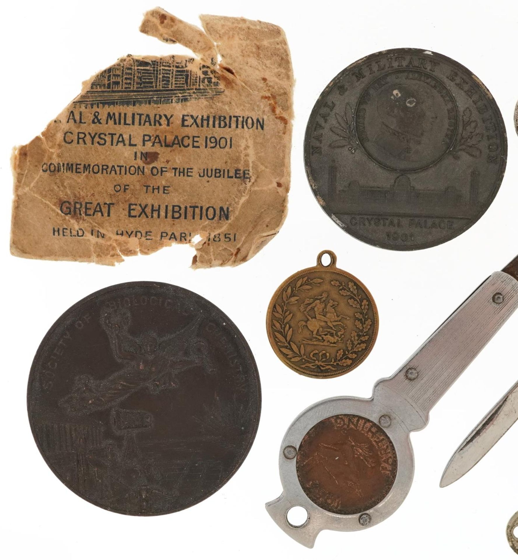 Coins and medallions including two Penny-Farthing folding pocket knives and an Earls Court - Bild 2 aus 6