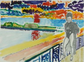 Manner of John Bratby - Grand Hotel Brighton Terrace with The West Pier, pencil and watercolour,