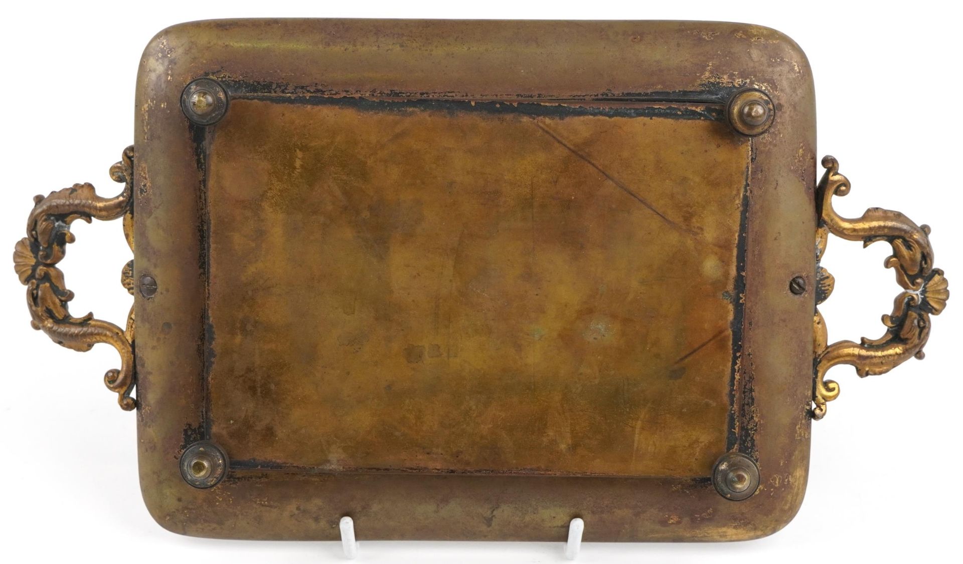 19th century French brass and champleve enamel four footed tray with twin dolphin handles inset with - Image 4 of 4