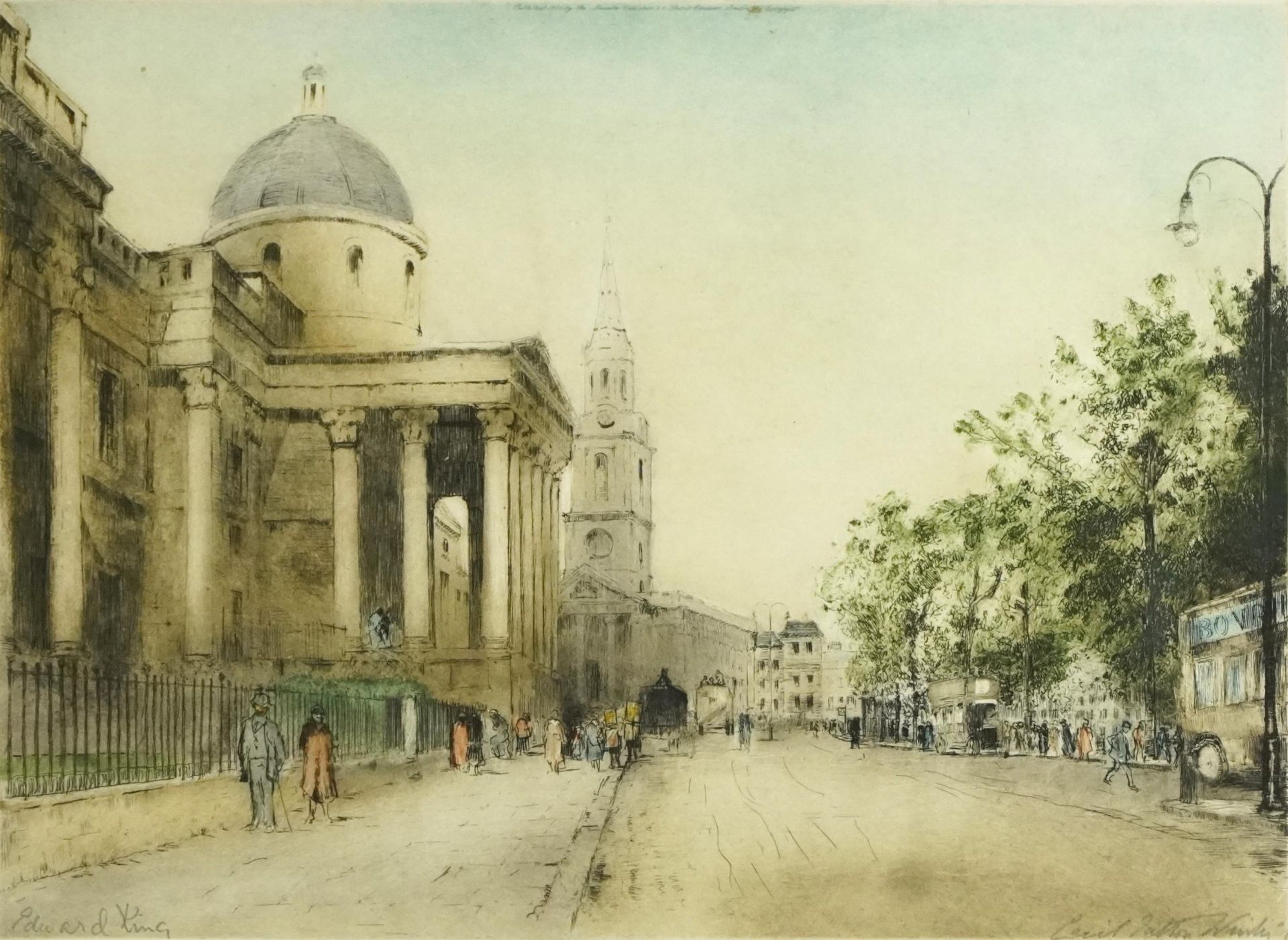 Edward King - London street scenes, set of four pencil signed coloured etchings, mounted, framed and - Bild 11 aus 20