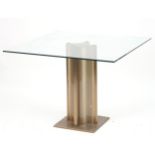 Contemporary square metal and glass dining table with column base, 74.5cm H x 100cm W x 100cm D